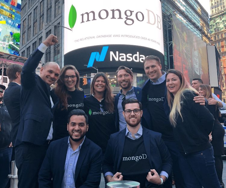 2020 OfficeNinjas All-Star Hilary Phillips and MongoDB team members pose for a group photo in Times Square.