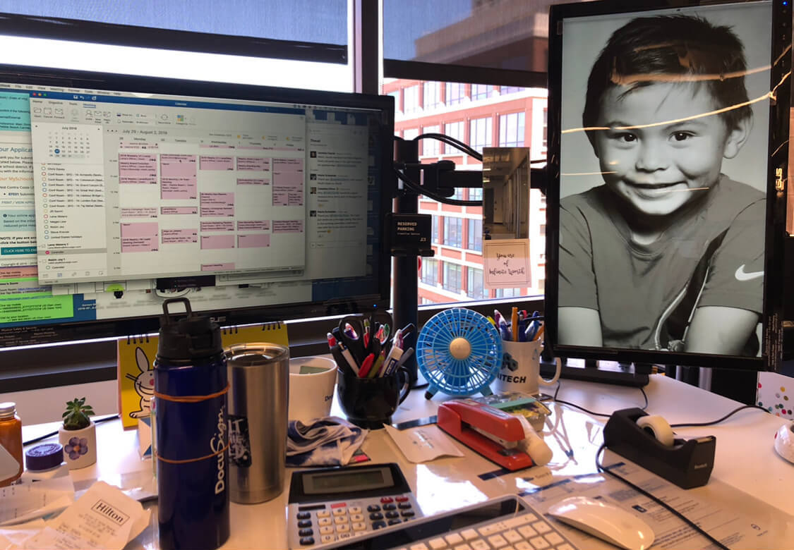 2020 OfficeNinjas All-Star Elaine Carbonell's desk setup at the office.