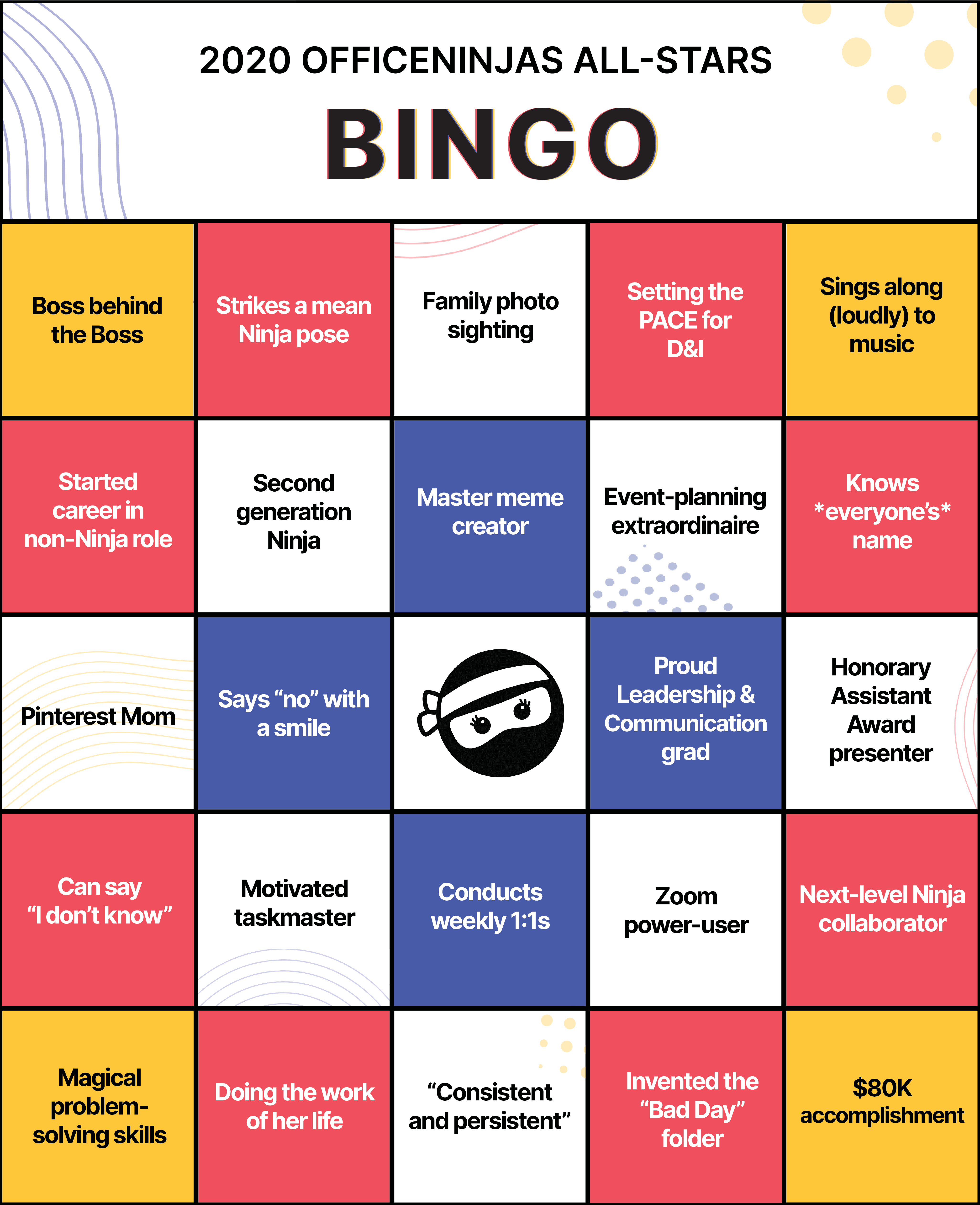 Printable 2020 All-Stars Bingo card that you can play while reading the interviews with each winner.