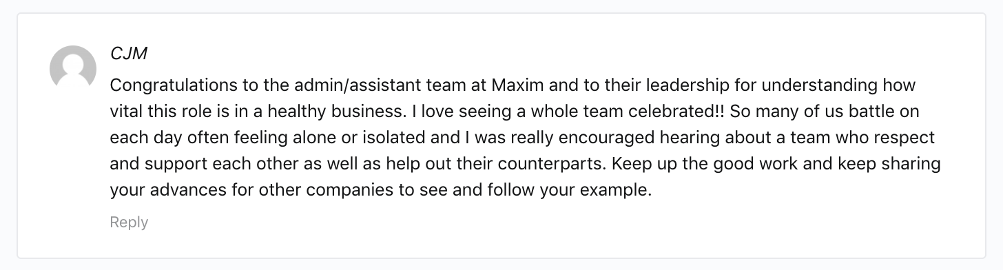 Ninja community member CJM praises 2020 OfficeNinjas All-Star Maxim Integrated Admin Team for their win.